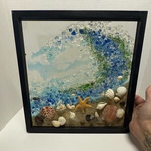 Coastal Wave Glass Art with Shells and Starfish